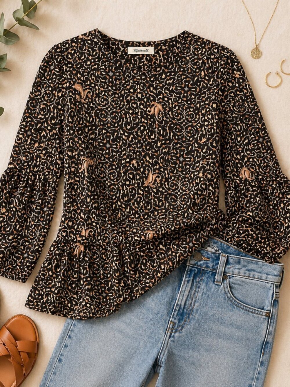 Madewell Silk Peplum Blouse Boho Print Long Sleeve XXS